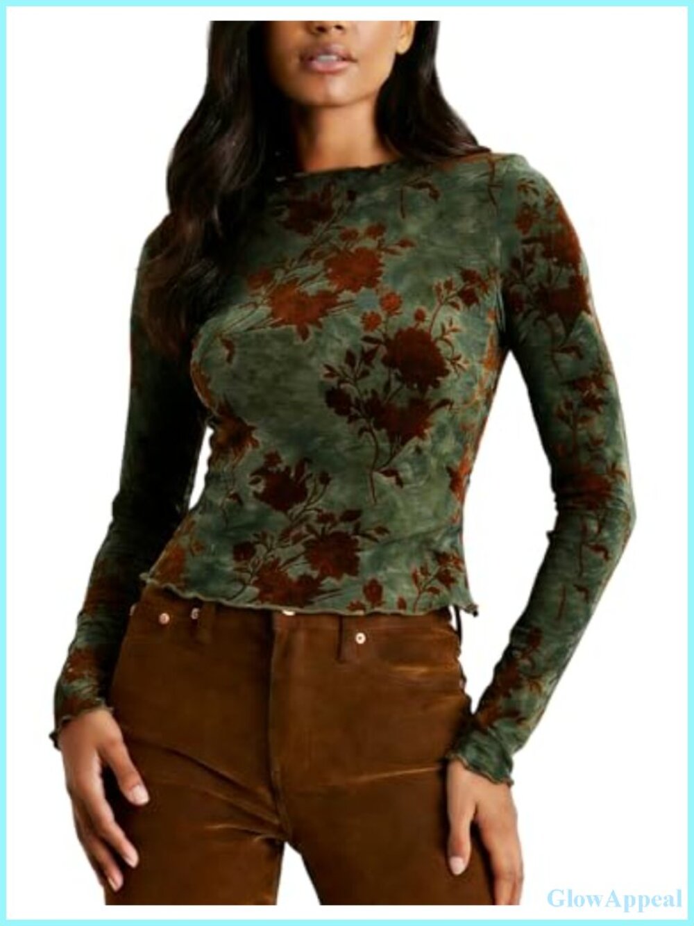 Womens Burnout Velvet Long Sleeve Floral Mock Neck Blouse